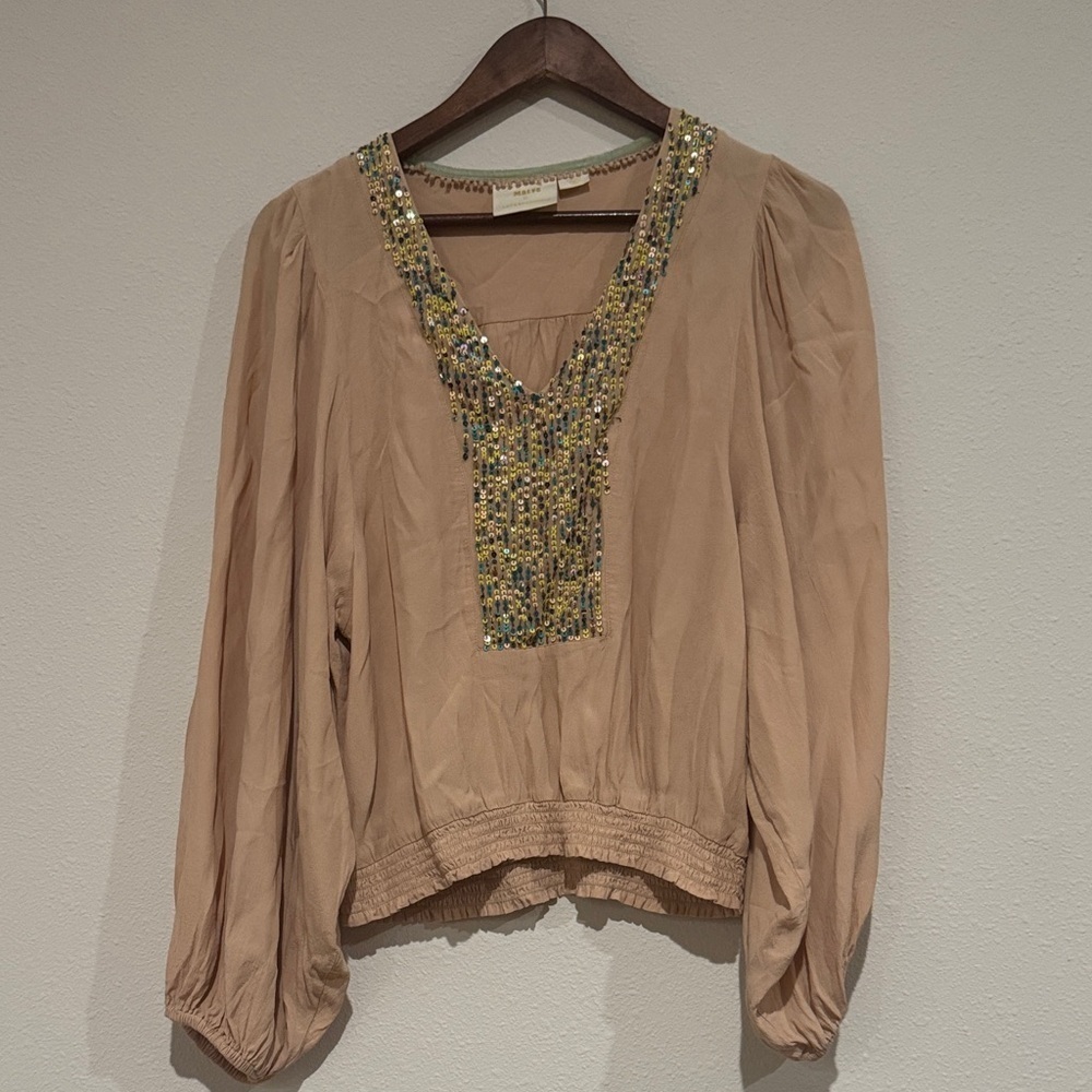 Chic Beaded V-Neck Blouse in Tan